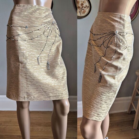 NWT Y2K Kelly and Diane Mini Skirt Pencil Slit Gold Beaded Bow Tassel Size 6 - Picture 1 of 13